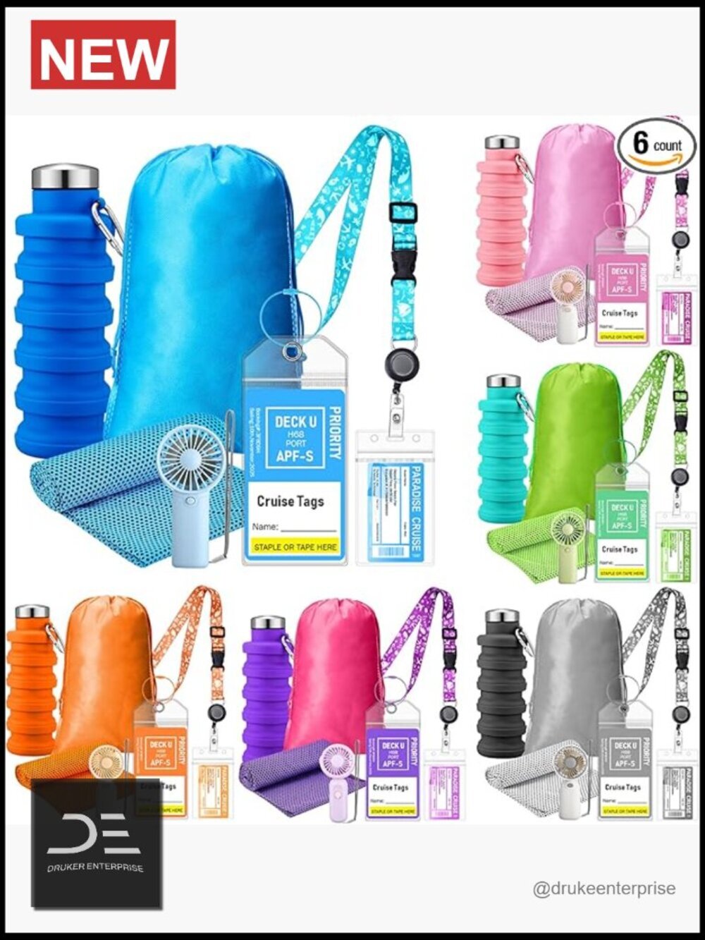 6 Pack Cruise Essentials Kit: Collapsible Water Bottle, Luggage Tag, ID Holder